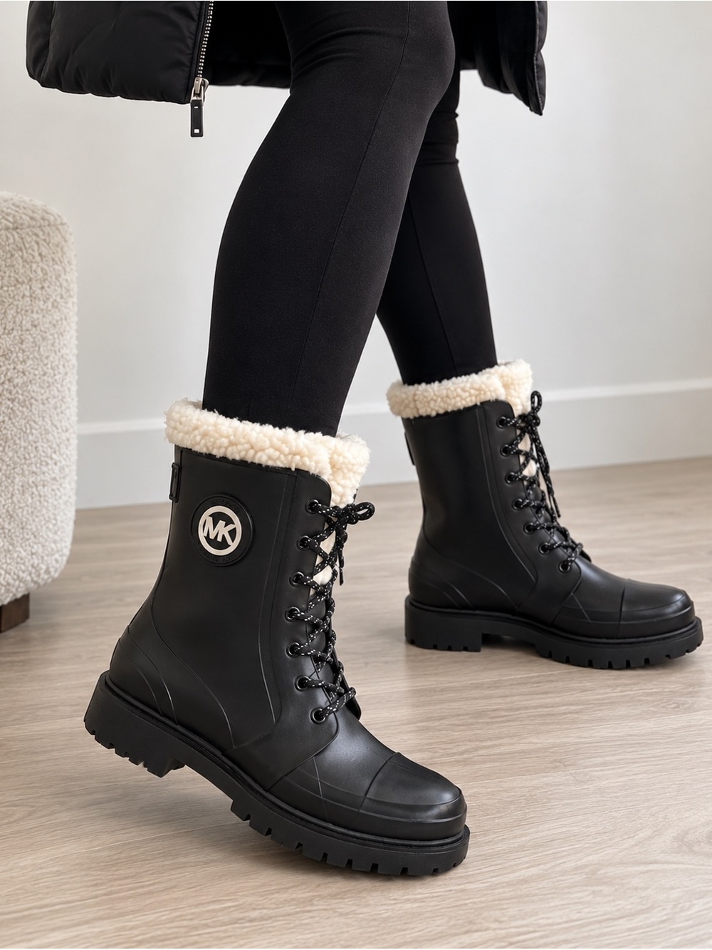 Michael Kors Black Sherpa Lined Lace-Up Rain Boots
